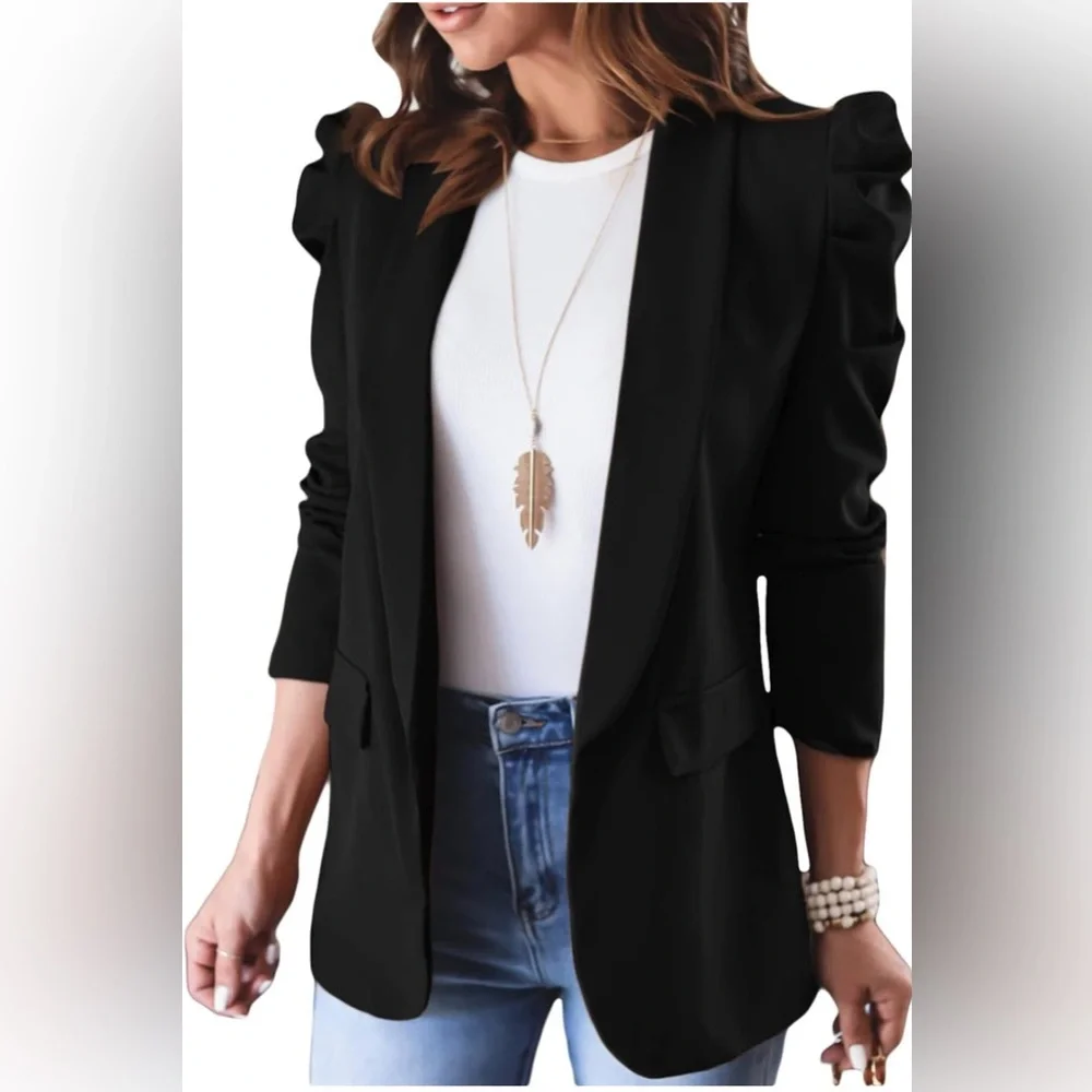Women's Blazers Open Front Puff Sleeve with Pockets - Picture 1 of 7